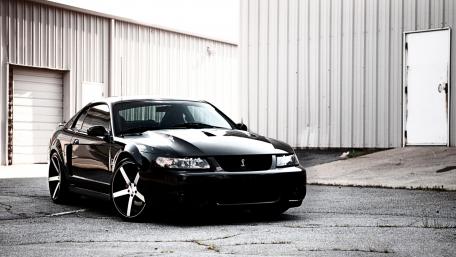 Sleek Black Muscle Car in Urban Setting wallpaper
