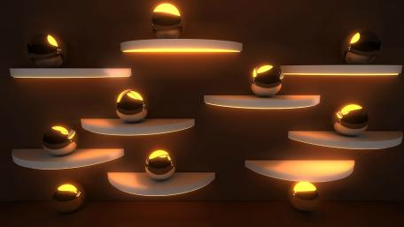 Illuminated Spheres on Shelves creates a 3D Effect wallpaper