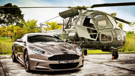 Sleek Car and Helicopter in Perfect Harmony wallpaper