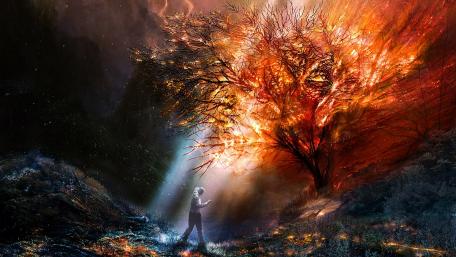 Ethereal Encounter Amidst Flames and Shadows wallpaper