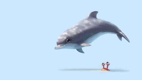 Whimsical Dolphin Meets Curious Snail Living Underwater Adventure wallpaper