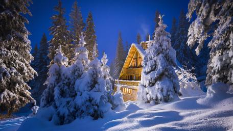 Winter Wonderland Cabin Scene in the Woods wallpaper