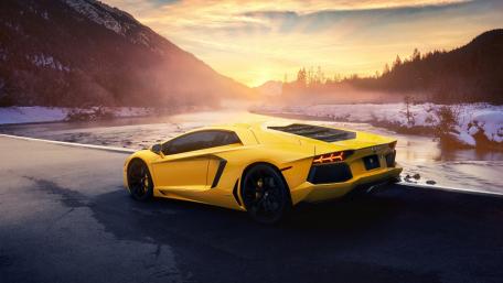 Yellow Supercar by a Scenic Mountain Lake wallpaper