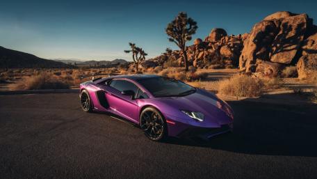 Stunning Purple Lamborghini in Desert Landscape wallpaper