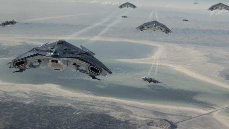 Futuristic Fleet Over Serene Landscapes wallpaper