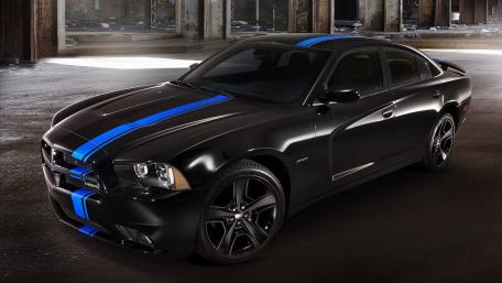 Sleek Black Charger with Blue Stripes Displaying Power and Style wallpaper