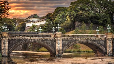 Serene Twilight Over a Historic Bridge and Palace wallpaper