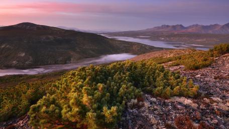 Serene Mountain Landscape at Sunrise wallpaper