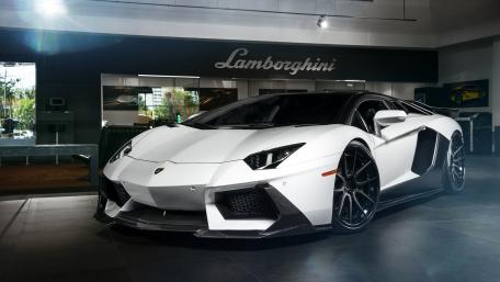 Sleek White Lamborghini in Showroom Setting wallpaper