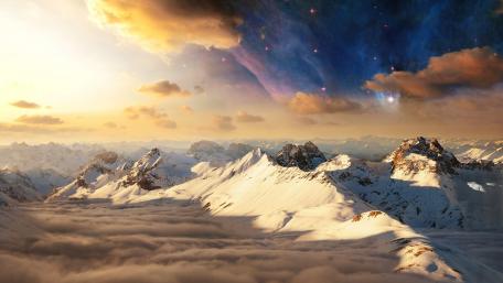 Majestic Mountains Under a Cosmic Sky wallpaper