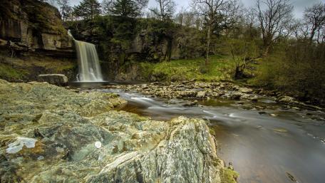 Serene Waterfall Amidst Lush Greenery wallpaper