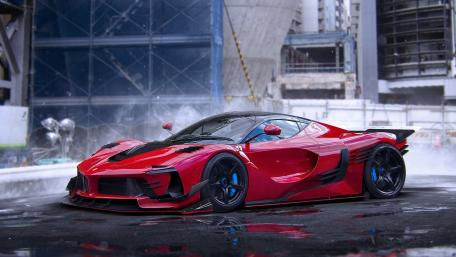 Dynamic Red Supercar in Urban Setting wallpaper