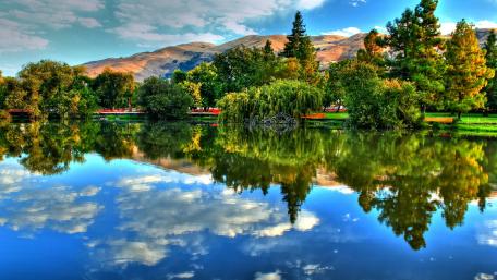 Serene Lake Reflections Amidst Lush Greenery wallpaper