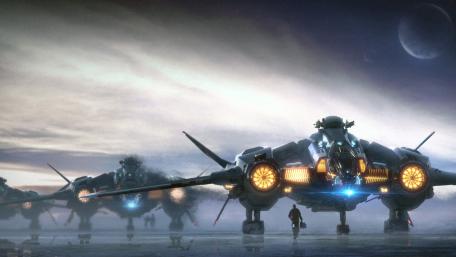 Futuristic Spaceships in a Mystic Landscape wallpaper