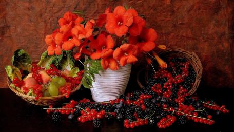 Vibrant Fruit and Flower Arrangement wallpaper