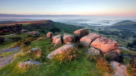 Serene Morning at the Rocky Hillside wallpaper