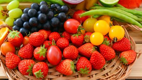Vibrant Basket of Fresh Fruits and Vegetables wallpaper
