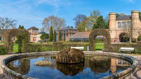 Charming City Park with Reflective Fountain and Lush Greenery wallpaper