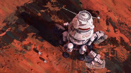 Futuristic CCCP Spaceship on a Martian Landscape wallpaper