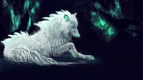 Mystical White Wolf in Enchanted Cave wallpaper