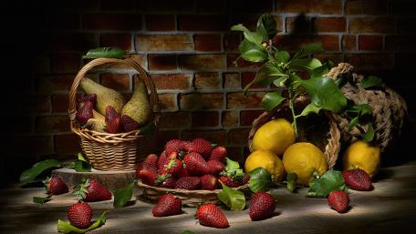 Fresh Strawberries and Lemons on Rustic Display wallpaper