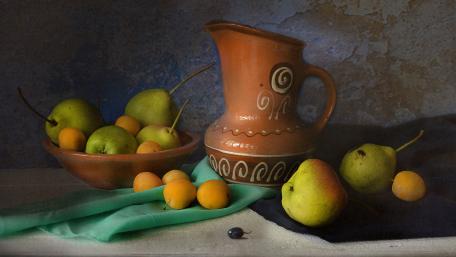 Rustic Still Life with Fruits and Pottery wallpaper