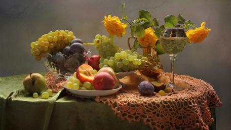 Vibrant Still Life of Fruits and Flowers wallpaper