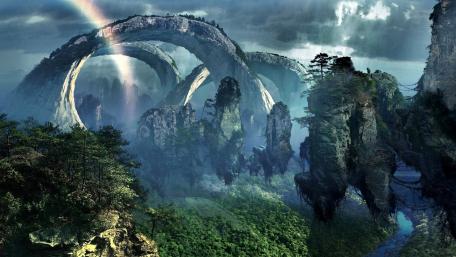 Dreamlike Landscape with Enchanting Arches and Rainbow wallpaper