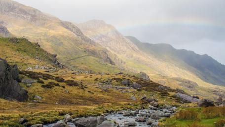 Breathtaking Mountain Landscape with Rainbow Flowing River wallpaper