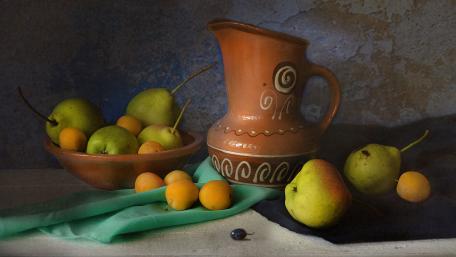 Vibrant Still Life with Fruits and Earthenware Pitcher wallpaper