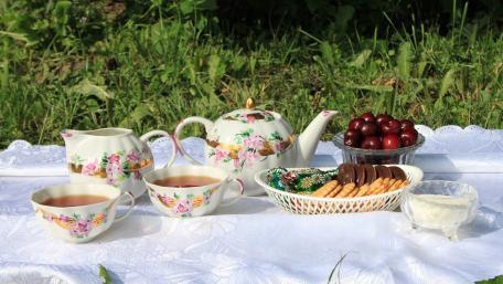 Charming Tea Time Setup in Nature wallpaper