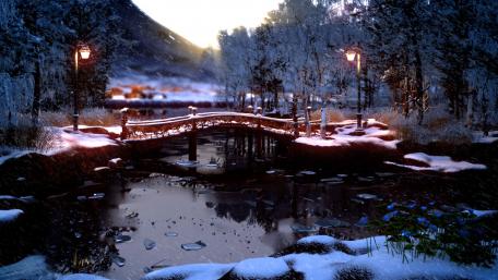 Winter Serenity Over a Tranquil Bridge Scene wallpaper
