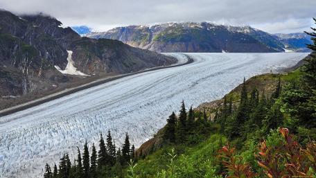 Majestic Glacier Overlooking Serene Wilderness Features wallpaper
