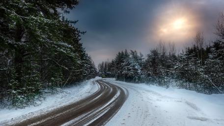 Majestic Winter Road Through Snowy Forest wallpaper