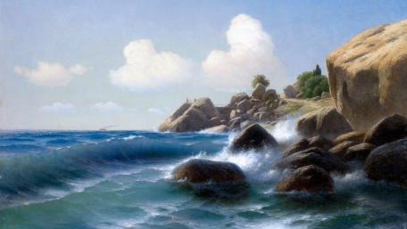 Serene Coastal Waves and Rocky Shores wallpaper