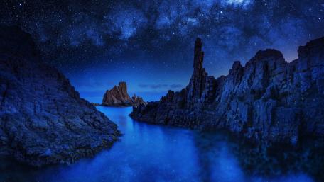 Enchanting Blue Milky Way Over Serene Waters wallpaper