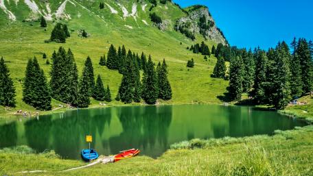 Serene Lake and Lush Green Hills wallpaper