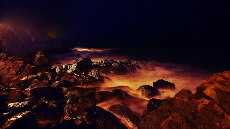 Mystical Night at the Rocky Shoreline wallpaper