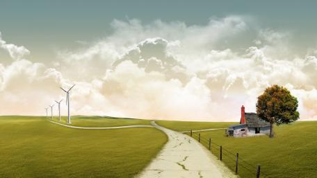 Serene Rural Landscape with Wind Turbines wallpaper