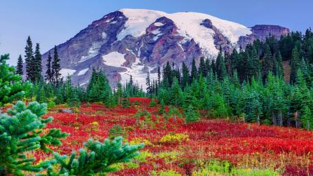 Majestic Mountain and Vibrant Autumn Landscape wallpaper
