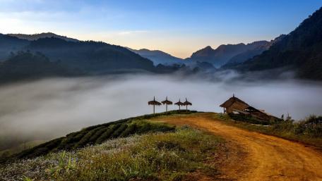 Serene Misty Landscape in Mountains wallpaper