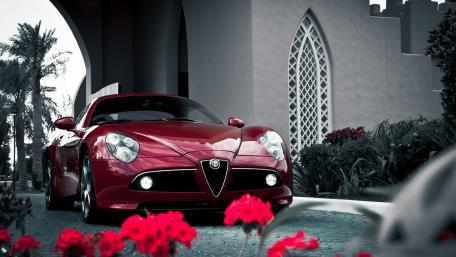 Sleek Red Sports Car Amidst Vibrant Flowers wallpaper
