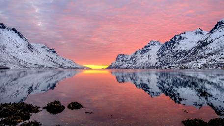 Serene Sunset Over Snowy Mountains and Calm Lake wallpaper
