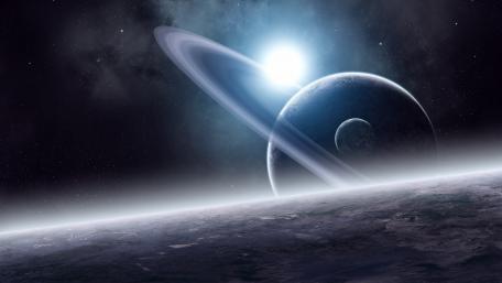 Majestic Ringed Planet in Cosmic Space Scene wallpaper