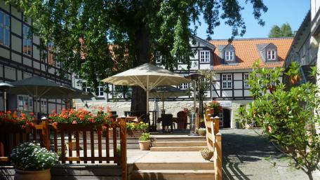 Charming Courtyard with Vibrant Flowers and Shade Trees wallpaper