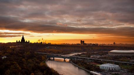 Stunning Cityscape at Sunset Over the River Landscape wallpaper