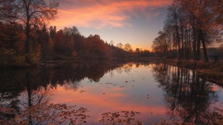 Serene Autumn Sunset Reflection in Nature wallpaper