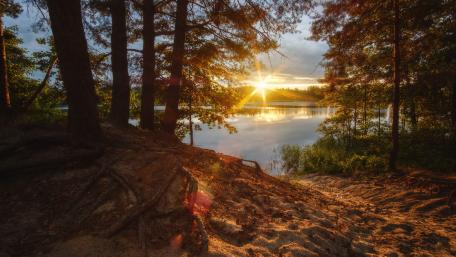 Golden Sunset Over Serene Lake Scene wallpaper