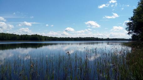 Serene Lake Under a Clear Blue Sky wallpaper