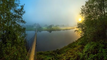 Misty River at Sunrise Awash in Serenity wallpaper